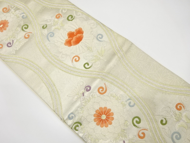 アンティーク　立涌に牡丹・菊模様織り出し袋帯（材料）